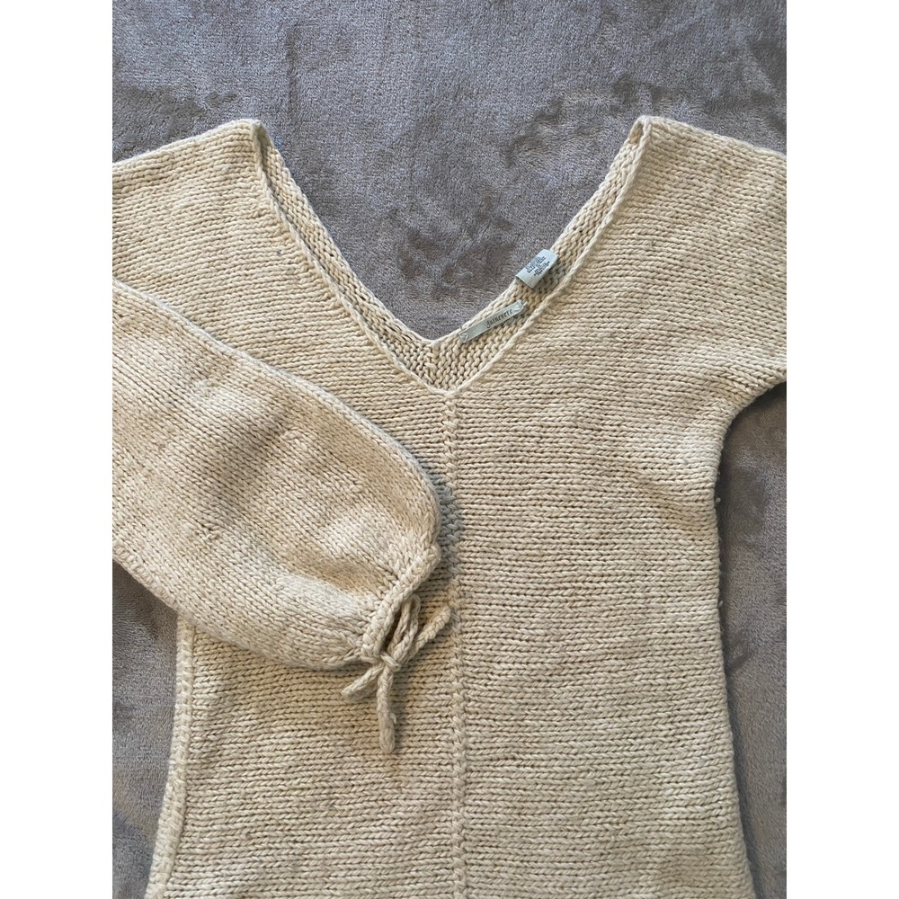 Guinevere Sweater Sz XS Cream V-Neck‎ Balloon Sleeve Tie Cuff Wool Angora Blend